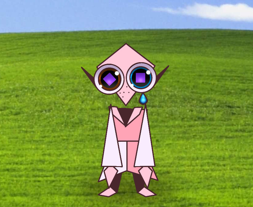 My Gooseworx-style persona, standing in the Windows background with large eyes with dilated pupils and a cartoonish tear. This is a recreation of the sad Spongebob SquarePants meme.