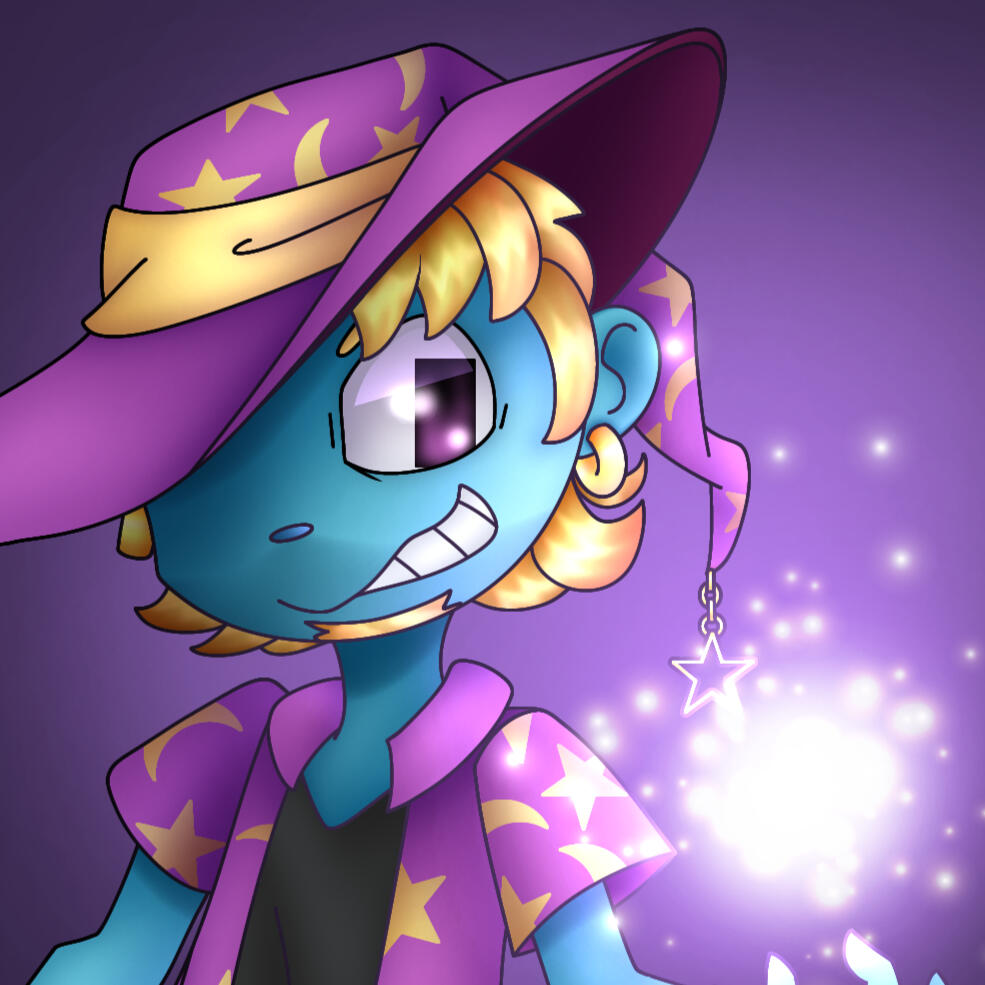 A rendered drawing of a blue-skinned wizard character, who is owned by Dumpsterwizard on TikTok.