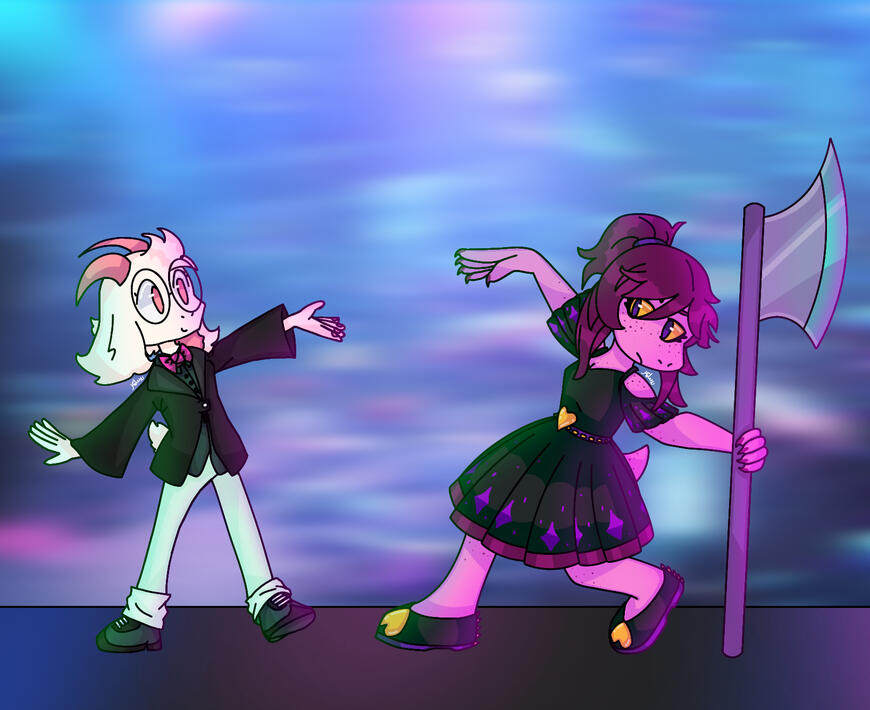 Ralsei and Susie from Deltarune doing the Knife Dance from Murder Drones.