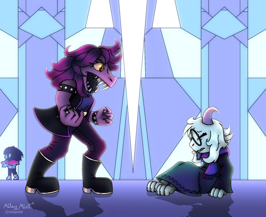 A screenshot redraw of Ralsei and Susie from Deltarune, specifically the scene where Susie is frustrated with Ralsei for withholding important parts of the prophecy. Susie is yelling at Ralsei, while Ralsei is on the floor flinching. Kris is aurafarming in